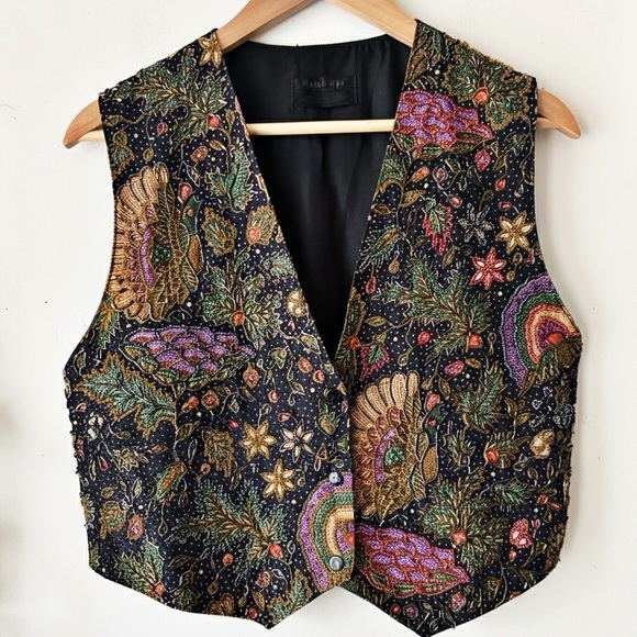 Vintage Tops - Vintage Hand Beaded Batik Vest Bird Floral Sequin Boho Folk Art to Wear Size M